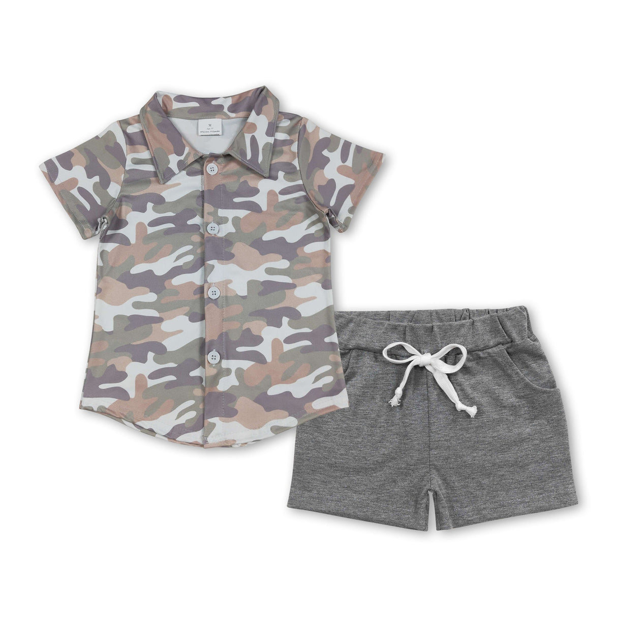 Camo button down top grey shorts kids boys outfits