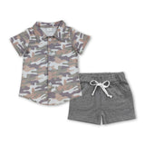 Camo button down top grey shorts kids boys outfits