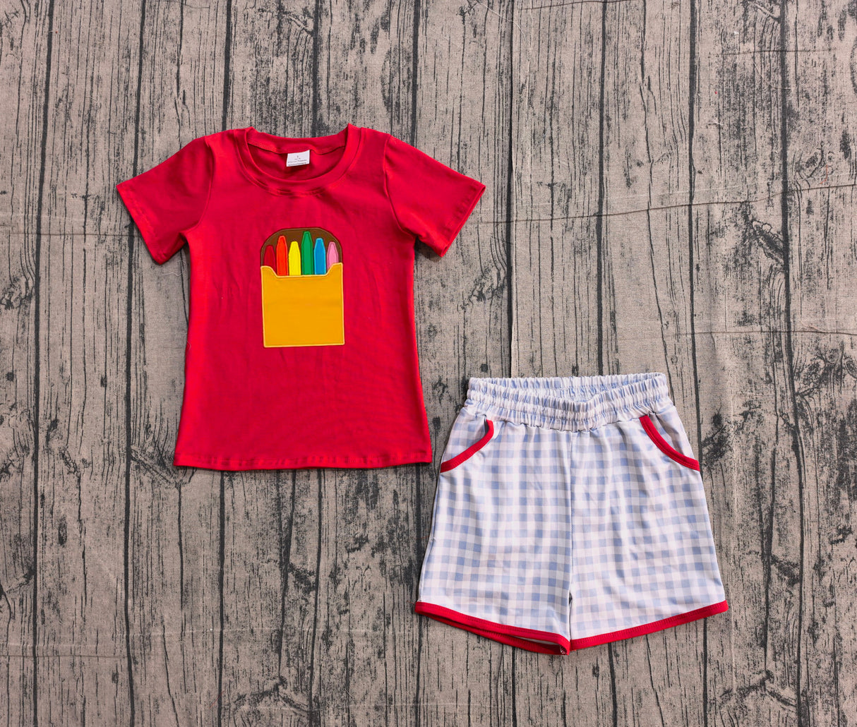 Crayon embroidery plaid boys back to school outfits