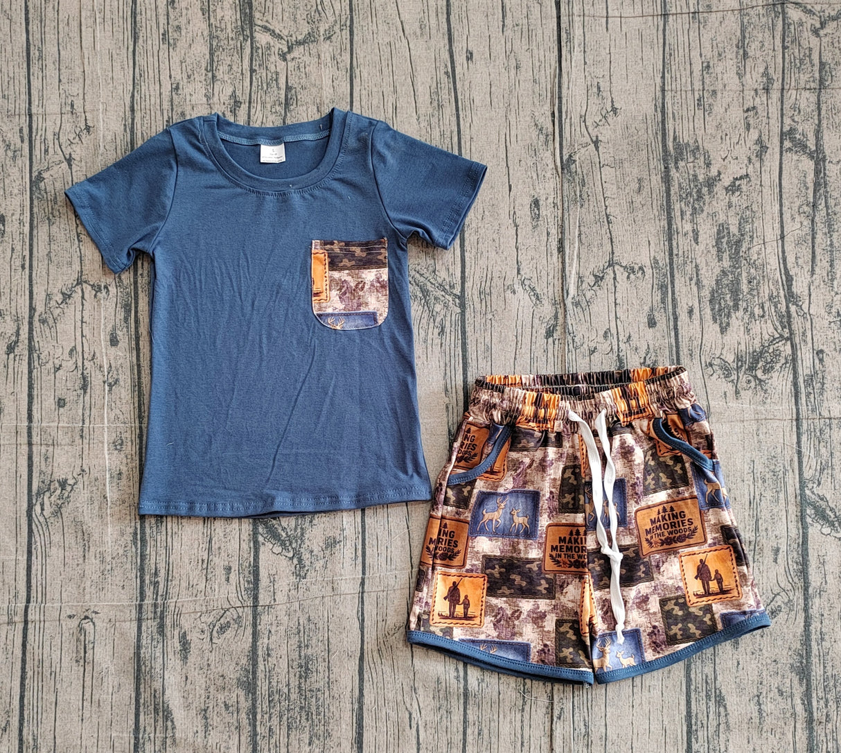 Blue short sleeves pocket top deer camo shorts boys outfits