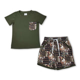 Short sleeves pocket top deer stripe camo shorts boys outfits