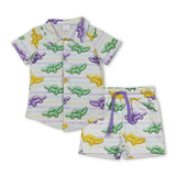 Dinosaur button down shirt shorts boys Mardi Gras set