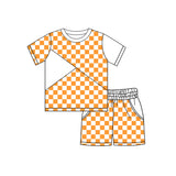 Short sleeves orange plaid top shorts kids boys team outfits