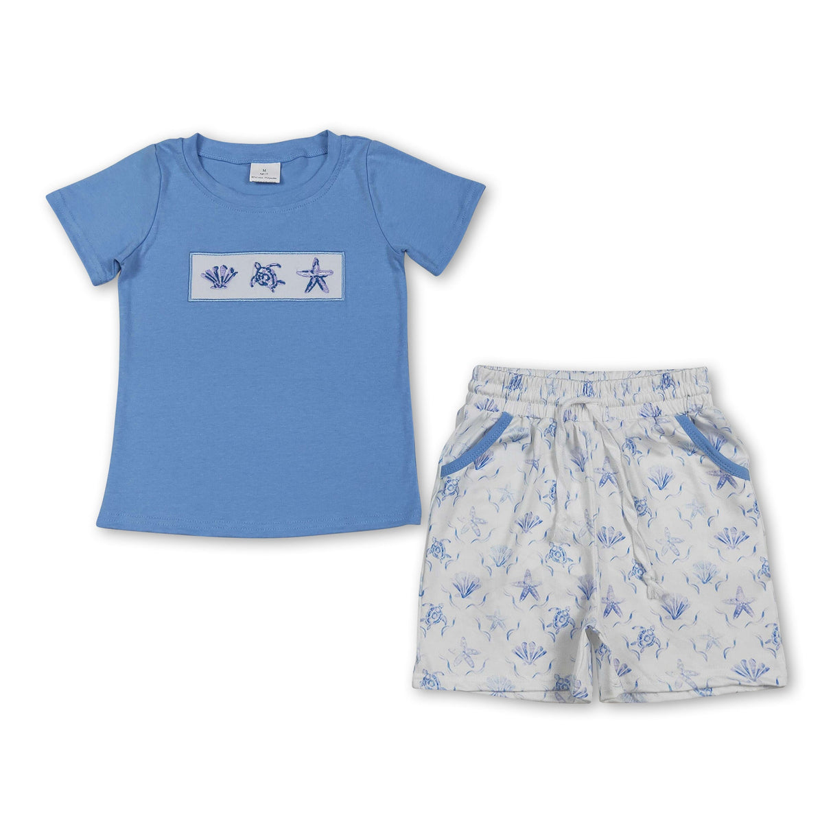 Turtle shell starfish embroidery top shorts kids boys outfits