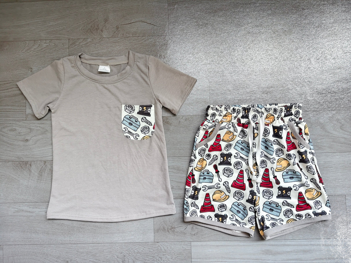 Grey short sleeves pocket top tools shorts boys outfit