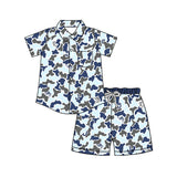 Blue fish camo button down shirt shorts boys outfits