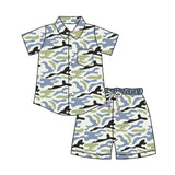Green blue camo button down shirt shorts boys outfits