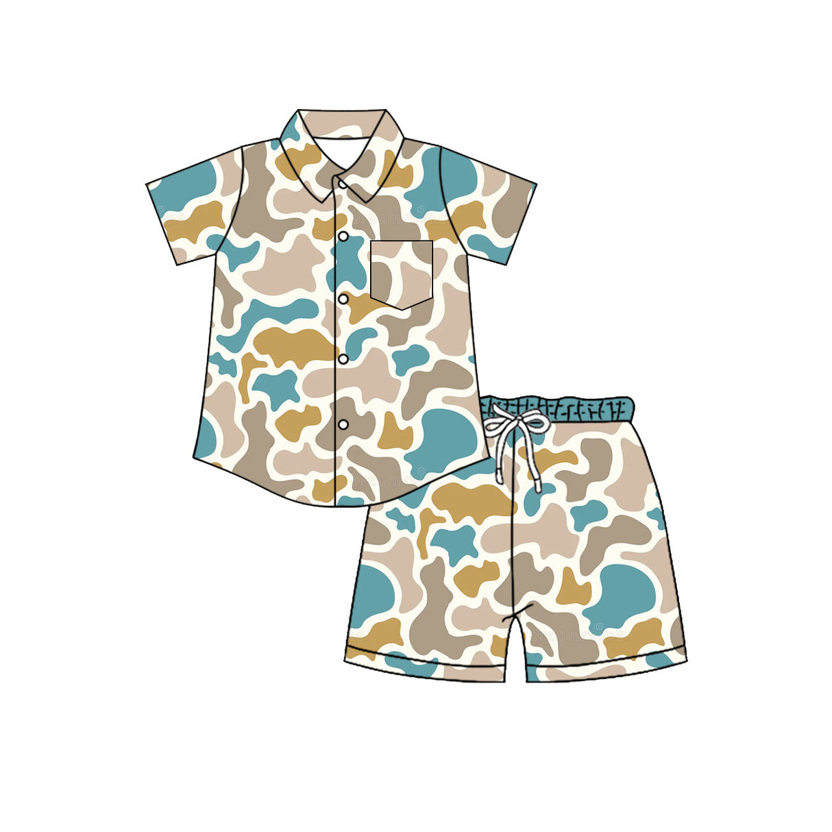 Blue camo button down shirt shorts boys outfits