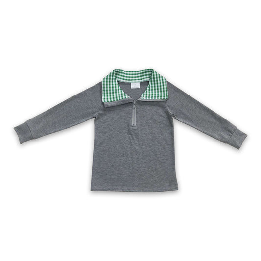 Grey cotton green plaid kids Christmas zipper pullover