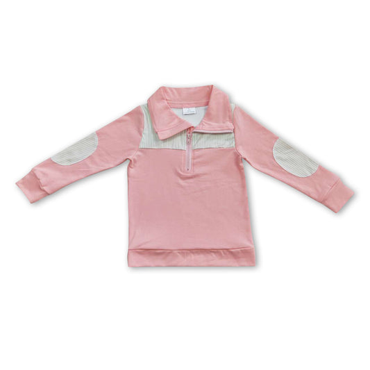 Pink cotton green stripe kids zipper pullover