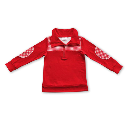 Red cotton plaid kids zipper pullover