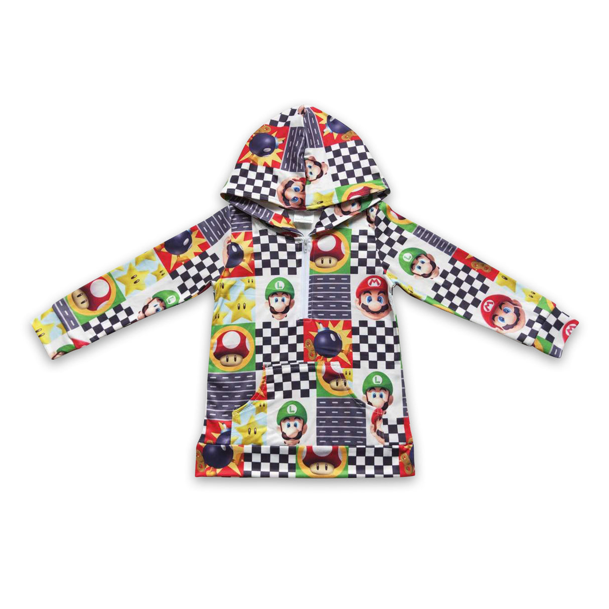 Black plaid patchwork game boy hoodie