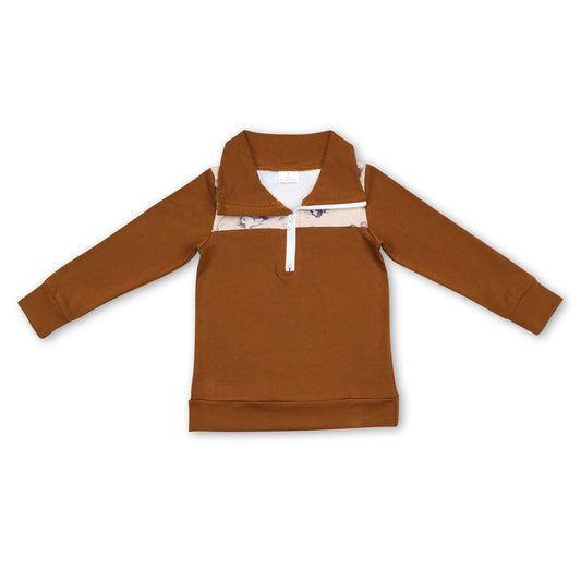 Brown duck long sleeves kids boy zipper pullover