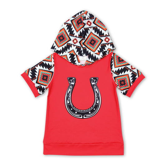 Red horseshoes aztec short sleeves western boys hoodie