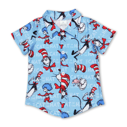 Short sleeves cat hat fish kids boys button down shirt