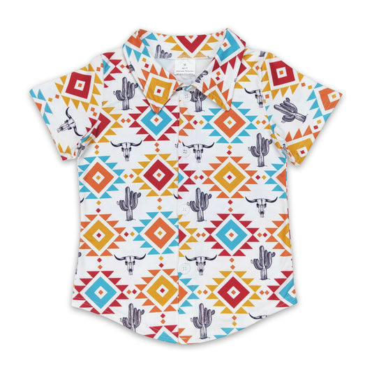 Bull skull cactus aztec kids boys button down shirt