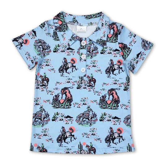 Blue short sleeves cactus horse rodeo boys polo shirt