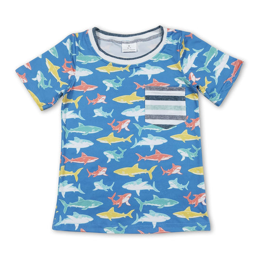 Short sleeves stripe pocket fish kids boys shirt