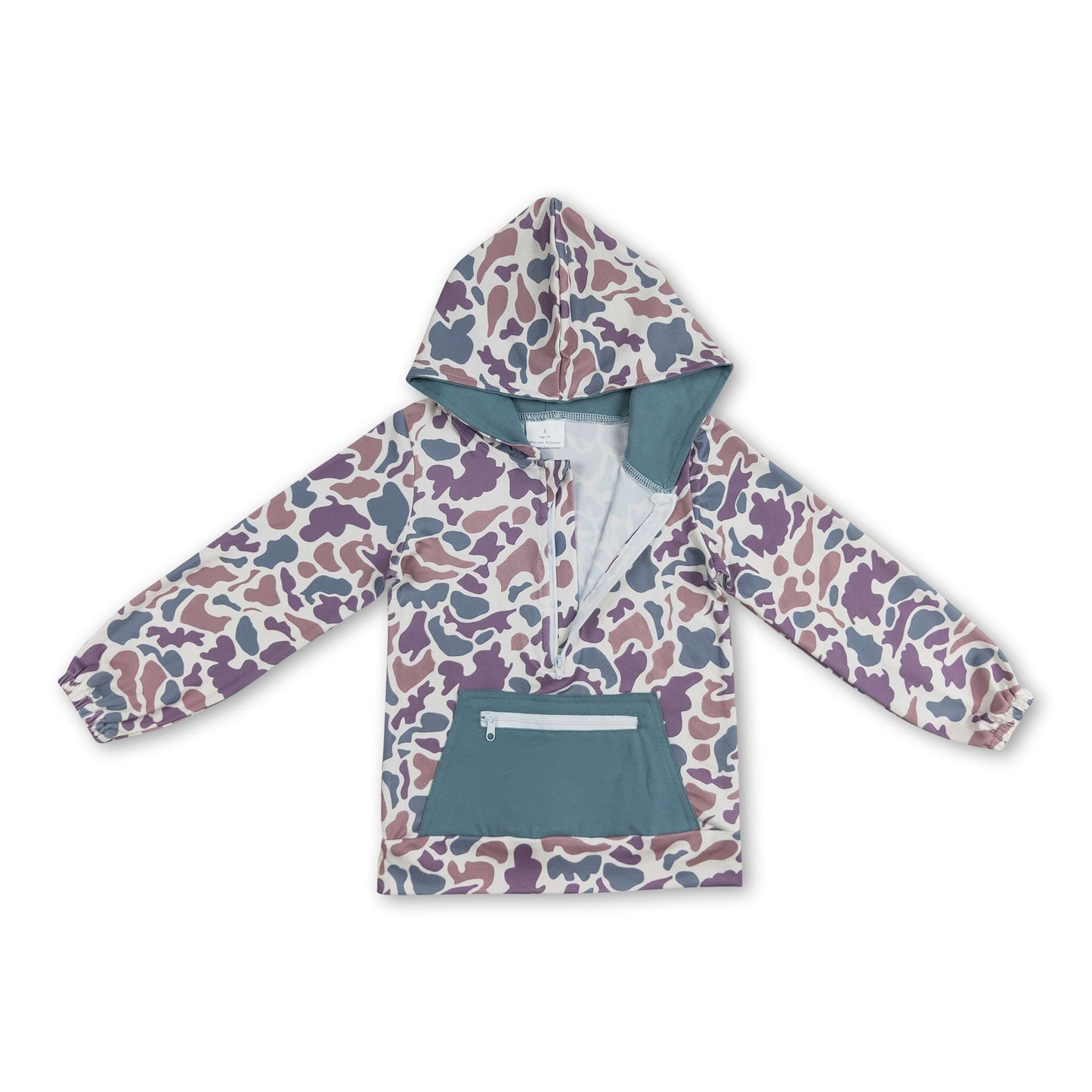 Long sleeves green camo pocket zipper boys hoodie