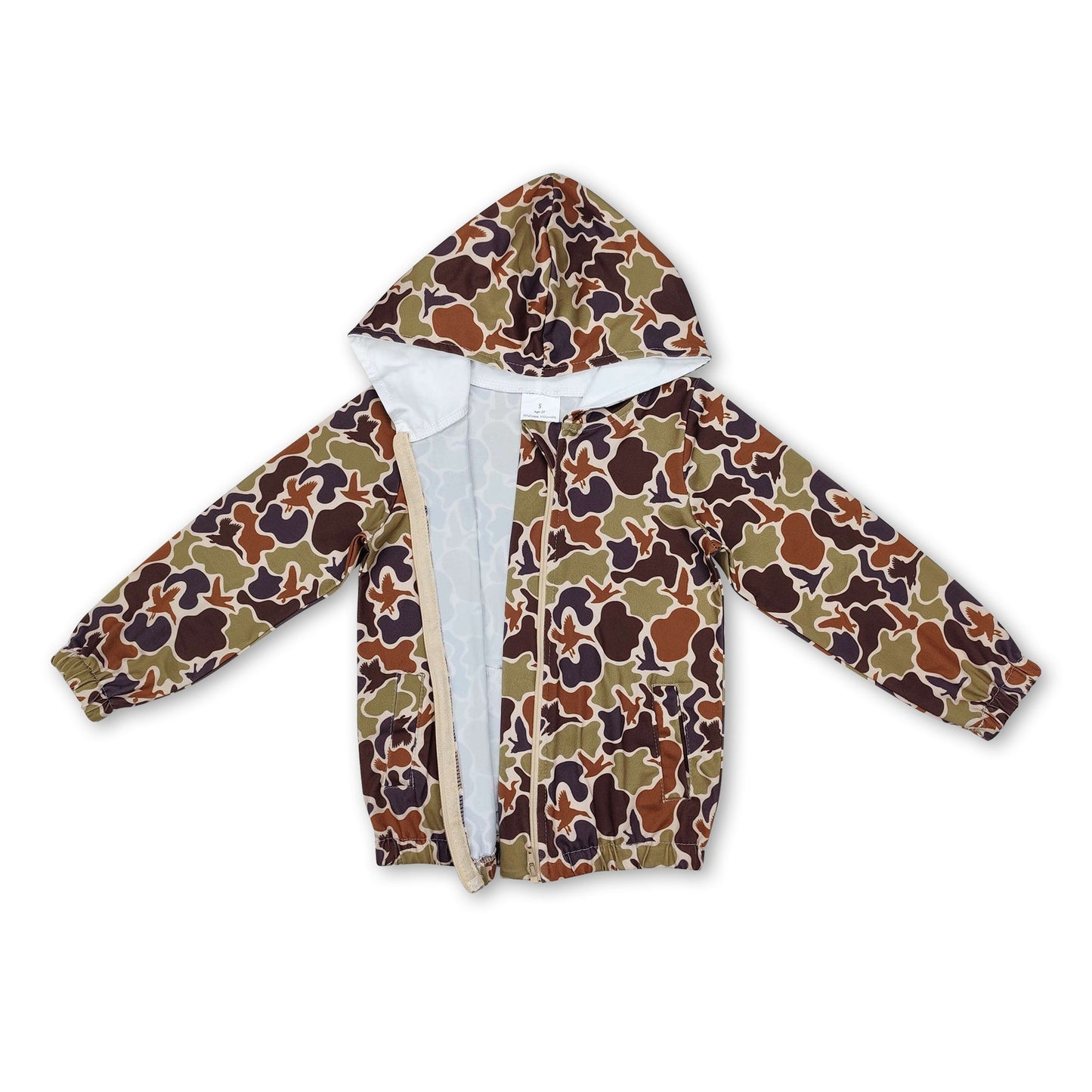 Long sleeves brown camo duck kids boys zipper hoodie jacket