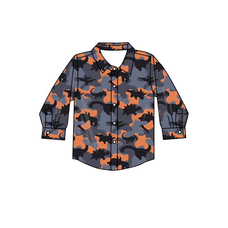 Orange dinosaur camo kids boys button down shirt
