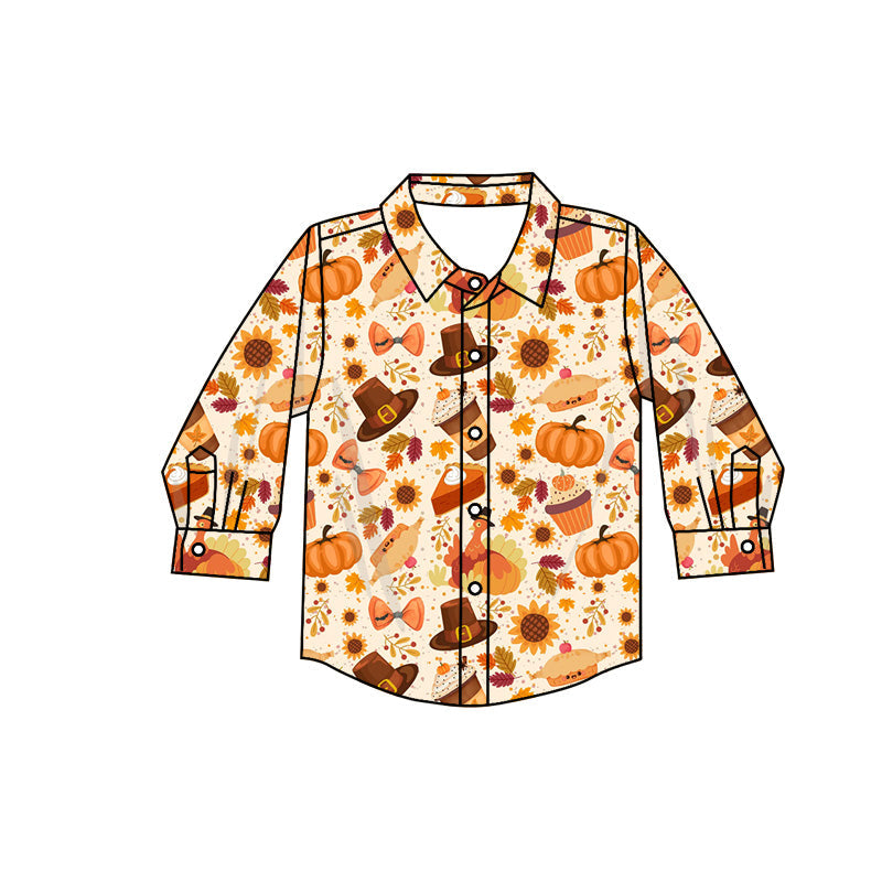 Turkey pumpkin pie boys Thanksgiving button down shirt