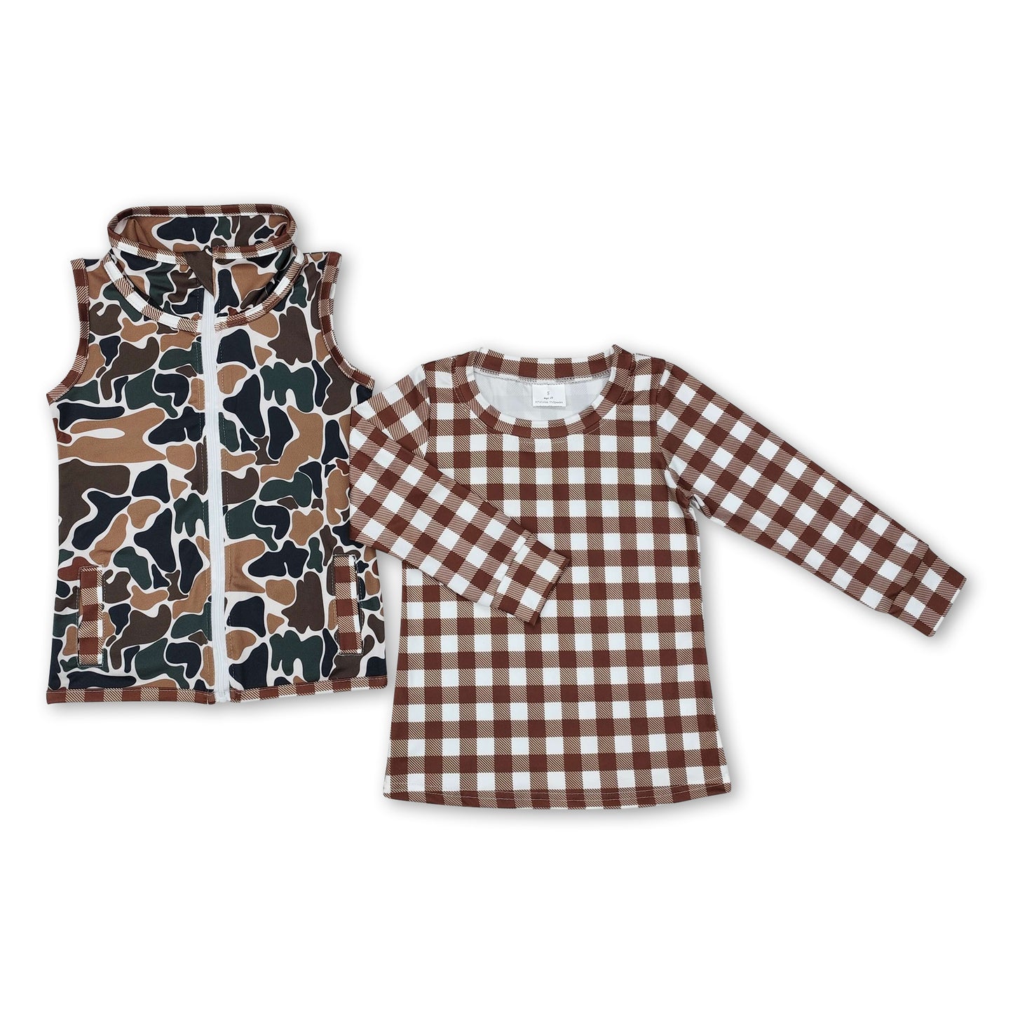 Plaid long sleeves top camo vest kids boys clothes