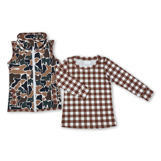 Plaid long sleeves top camo vest kids boys clothes