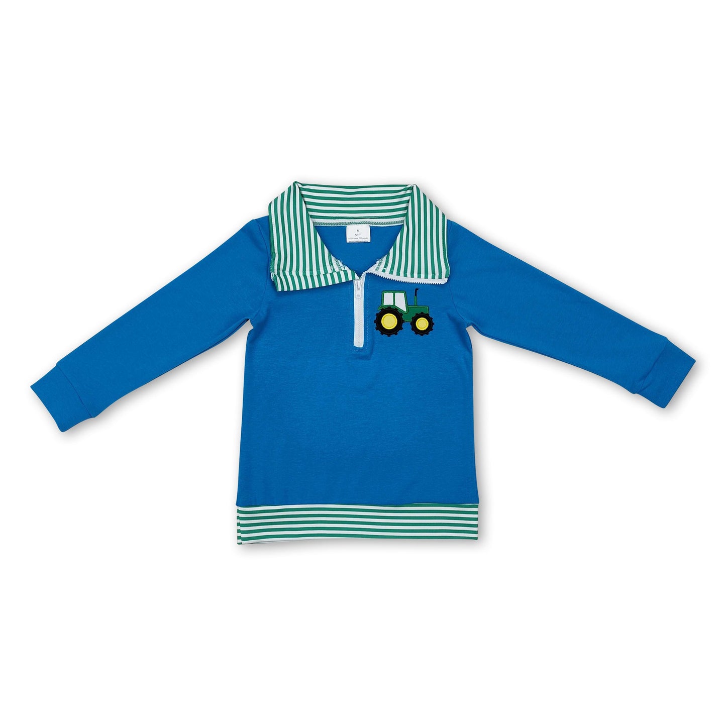 Long sleeves green stripe tractor farm kids boys zip pullover