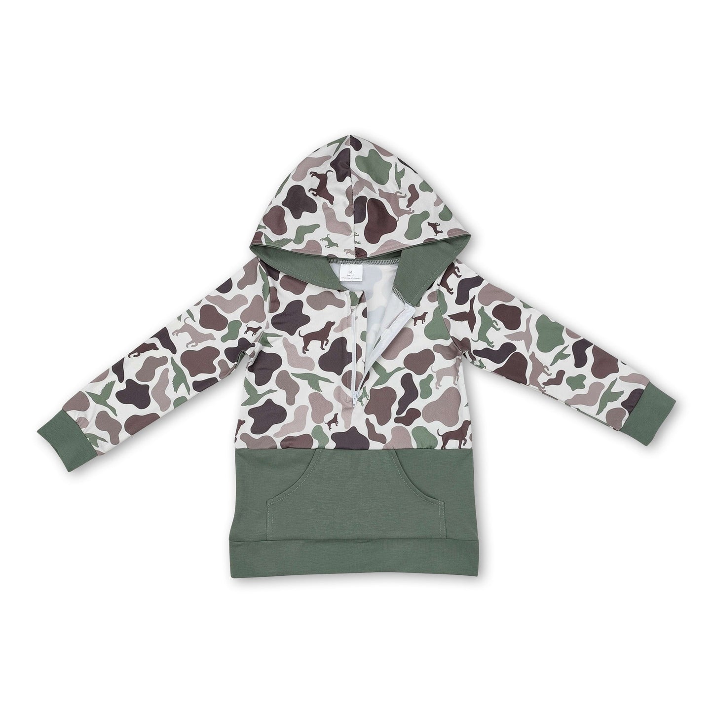 Long sleeves duck dog camo pocket kids hunting hoodie