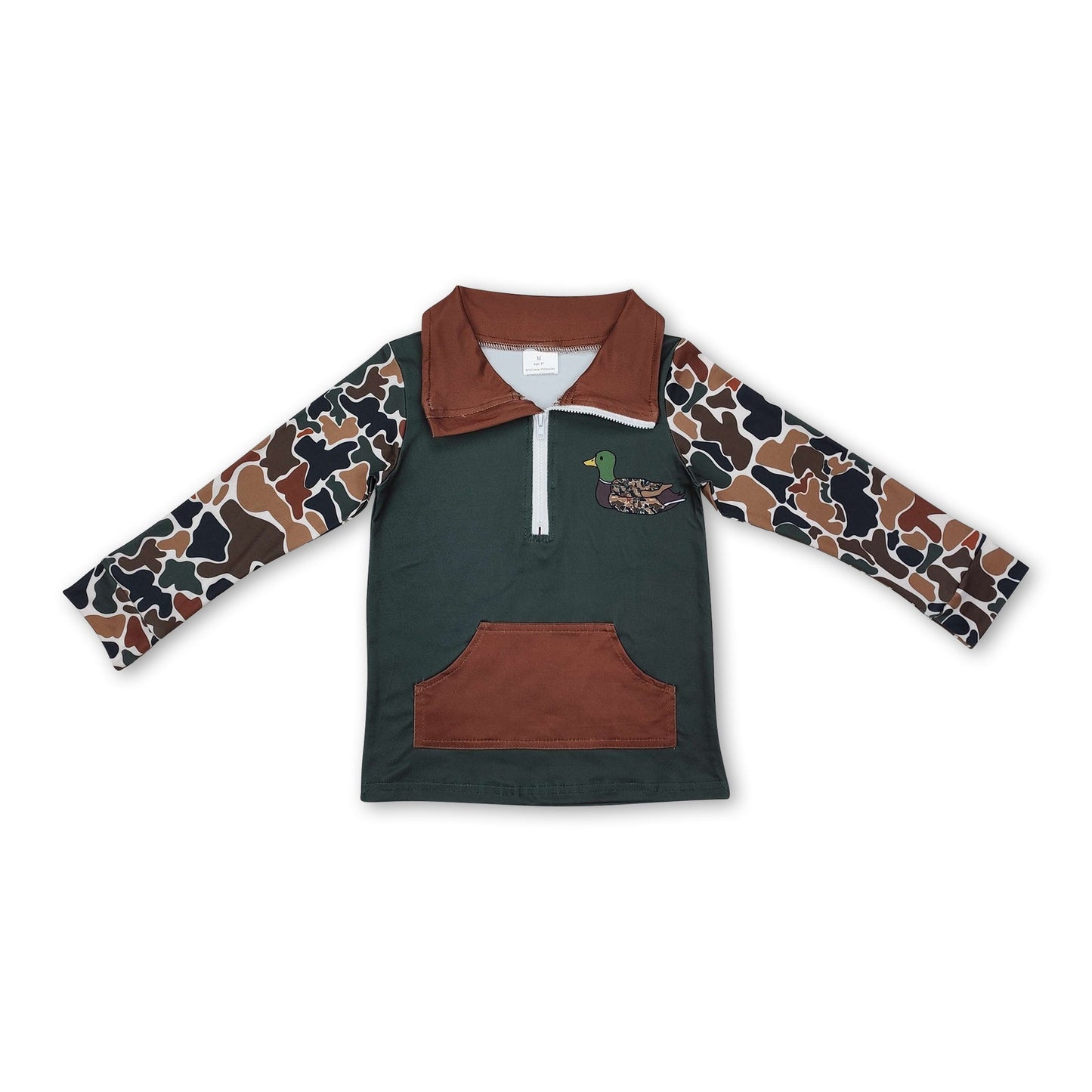 Dark green camo duck pocket baby boy zip pullover