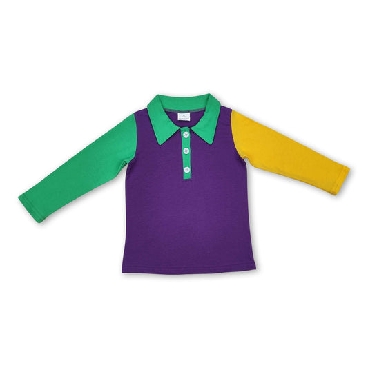 Green yellow long sleeves purple boys mardi grad polo shirt