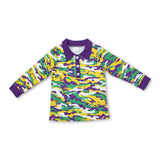 Purple yellow green camo kids boys Mardi Gras polo shirt