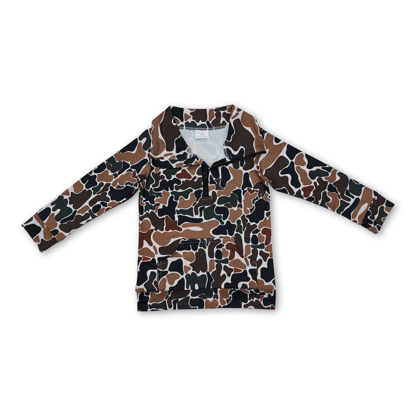 Long sleeves brown camo pocket kids zip pullover