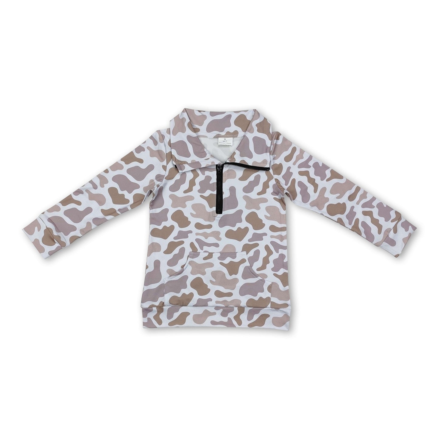 Long sleeves light grey camo pocket kids zip pullover