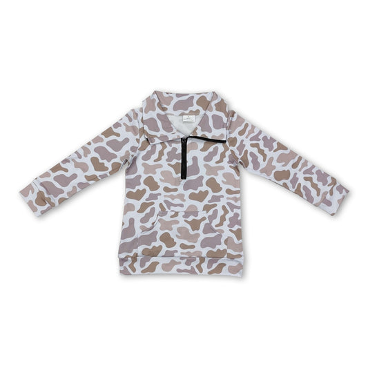 Long sleeves light grey camo pocket kids zip pullover