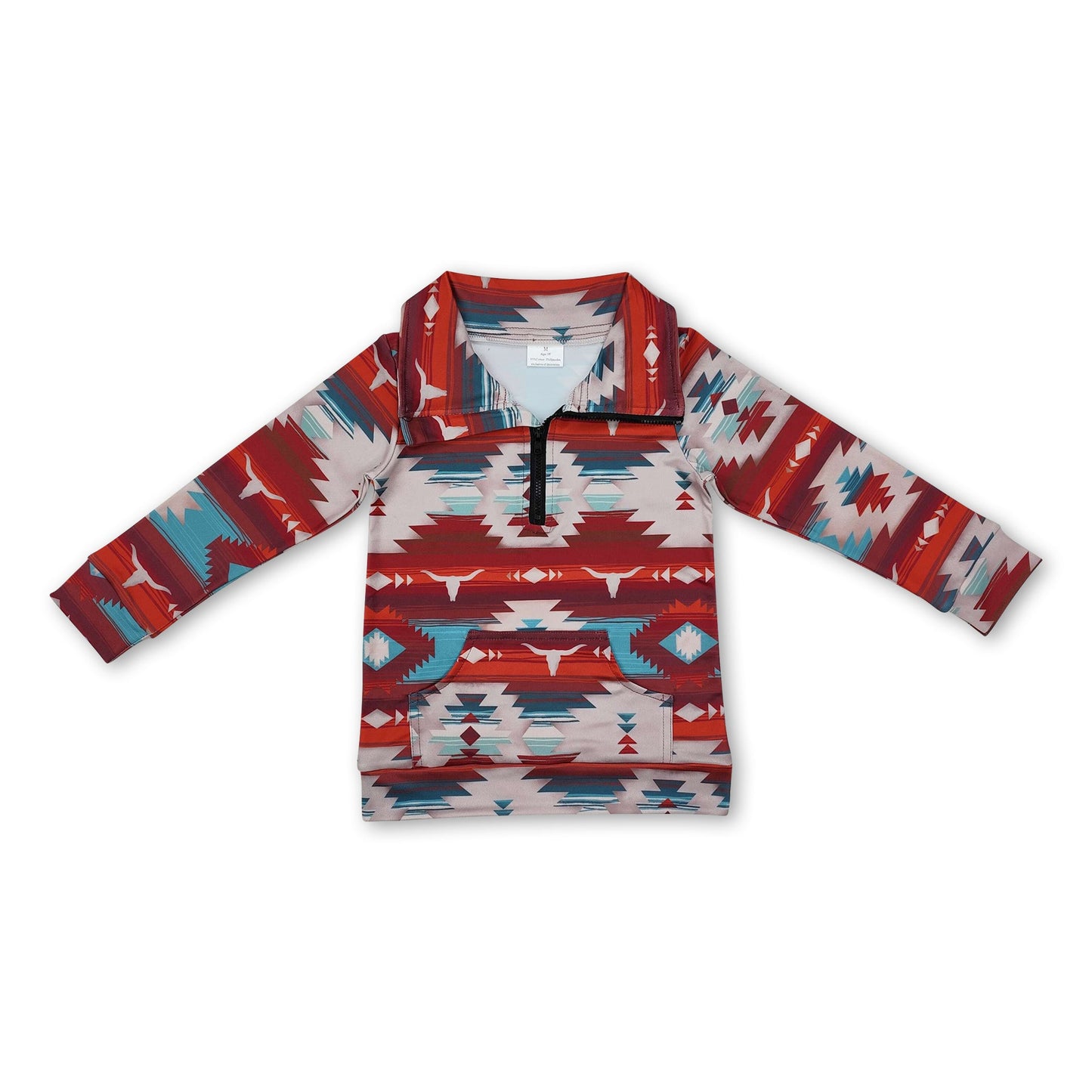 Brown turquoise aztec bull skull kids western zip pullover