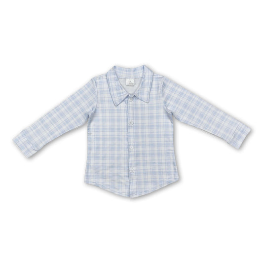 Light blue plaid long sleeves kids boys button down shirt