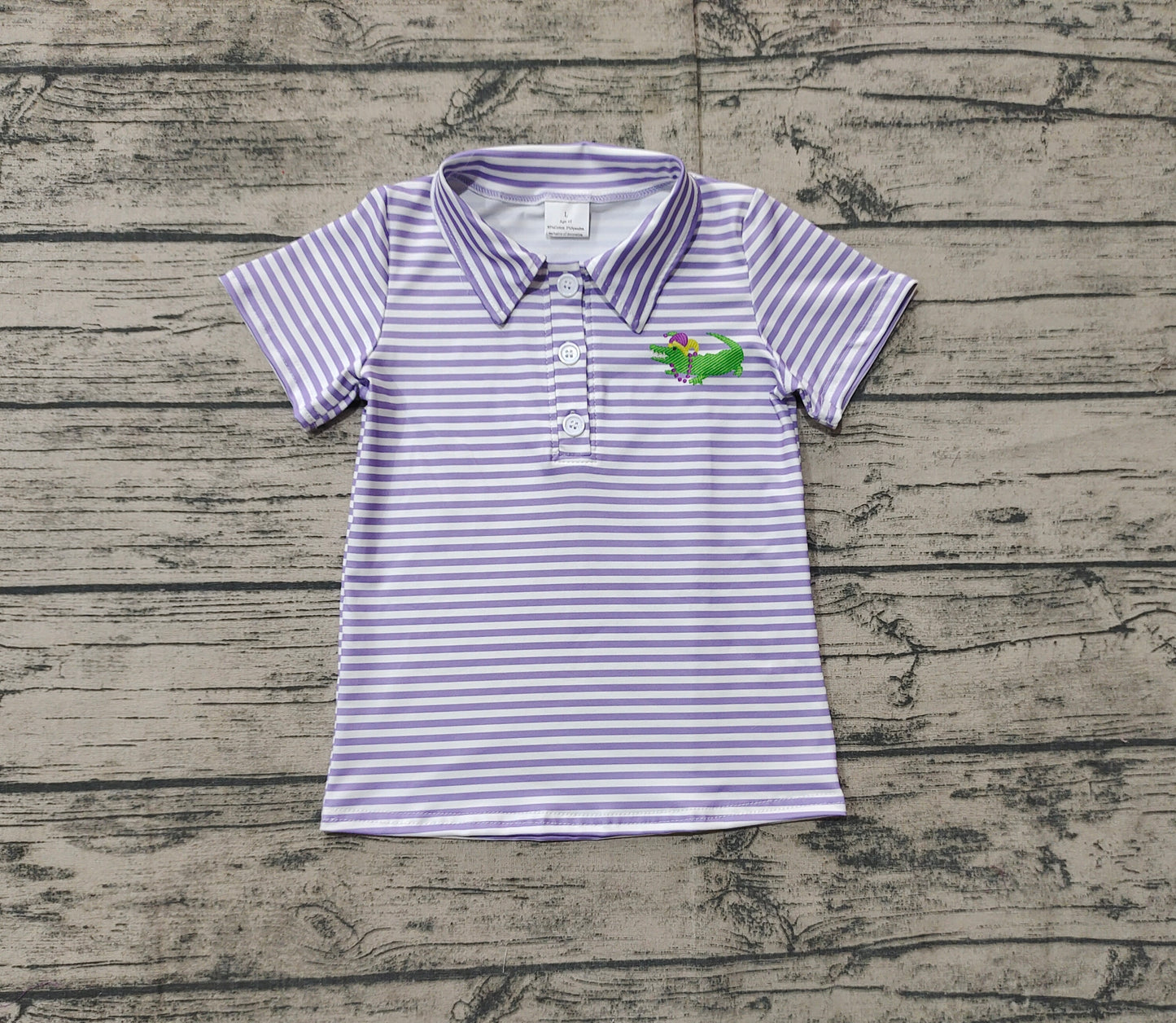 Short sleeves purple stripe alligator boys Mardi Gras polo shirt