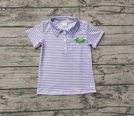 Short sleeves purple stripe alligator boys Mardi Gras polo shirt