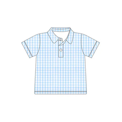 Short sleeves light blue plaid kids boys polo shirt