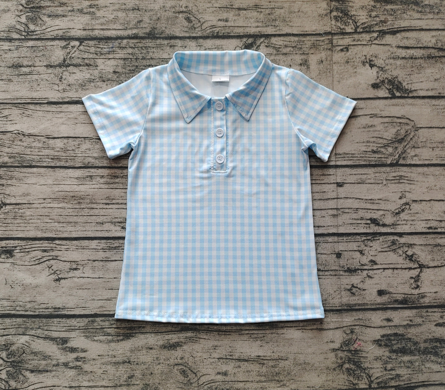 Short sleeves light blue plaid kids boys polo shirt