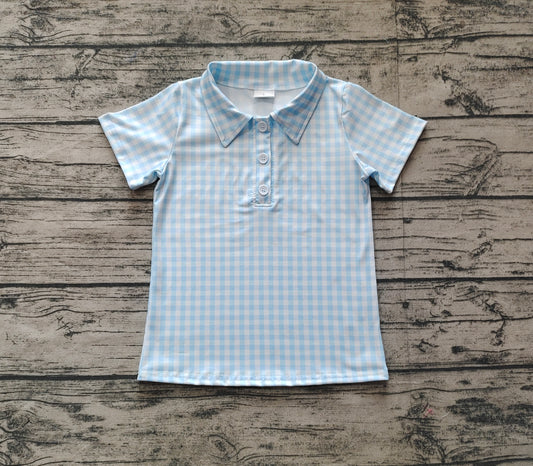 Short sleeves light blue plaid kids boys polo shirt