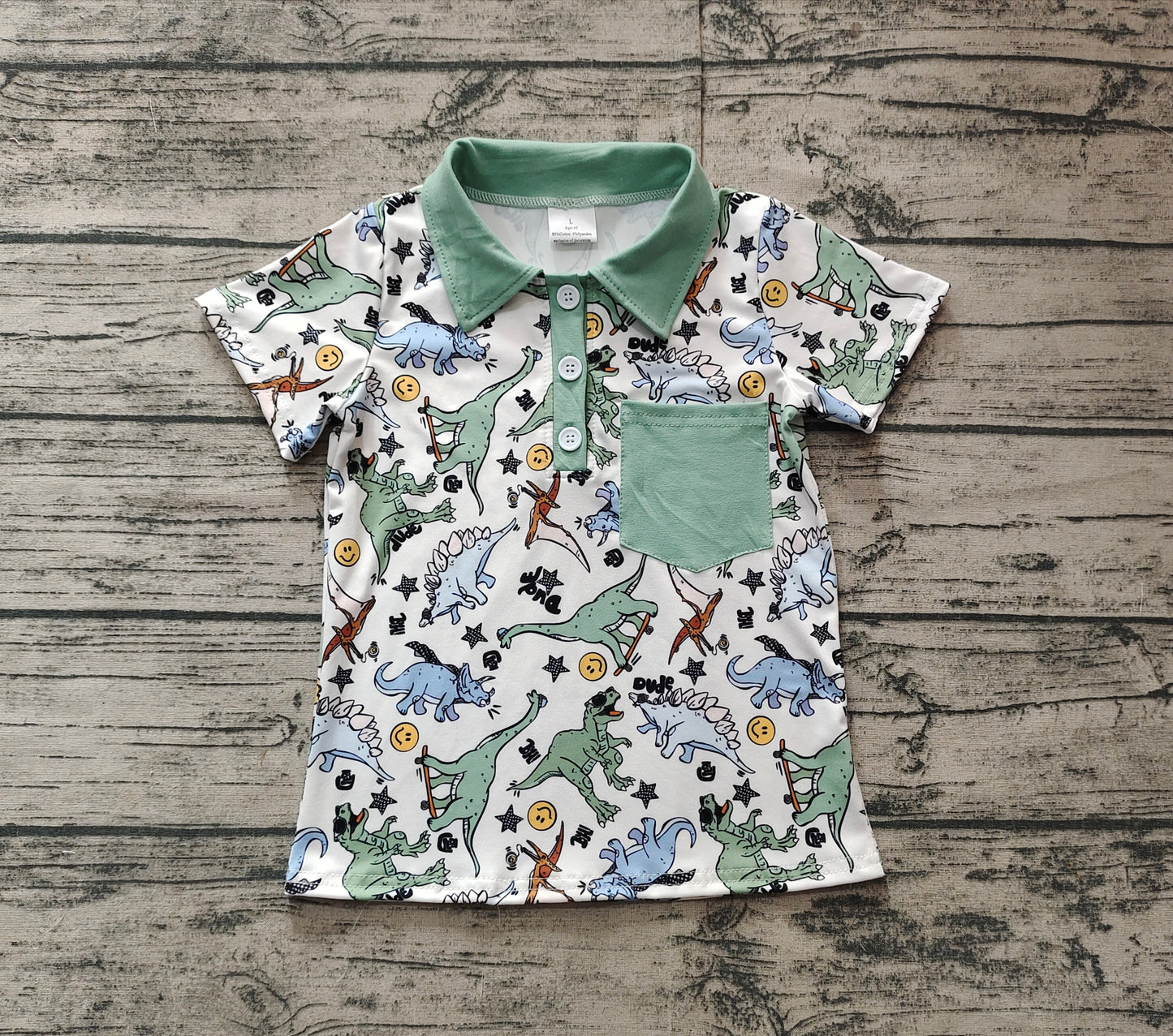 Short sleeves pocket dinosaur kids boys polo shirt