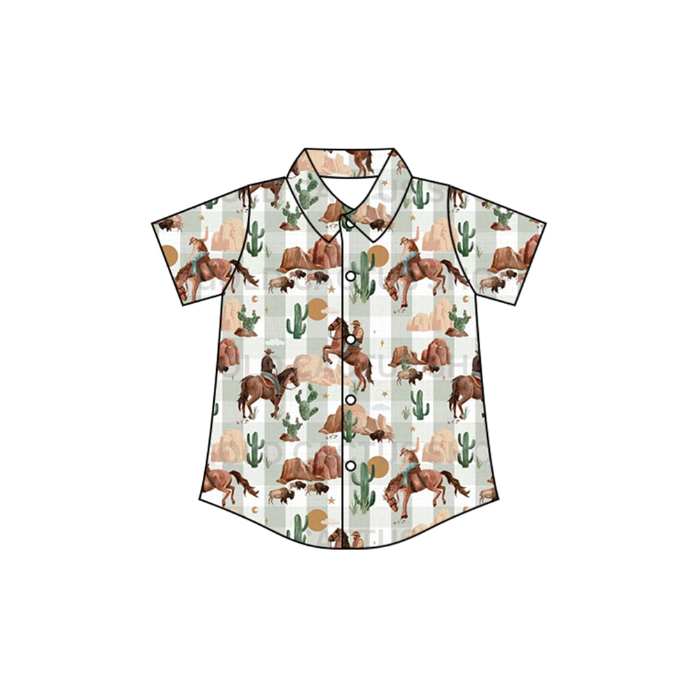 Short sleeves cow cactus western boys button down shirt