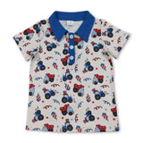 Blue short sleeves tractor kids boys 4th of july polo shirt