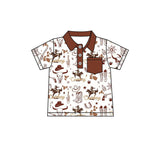 Brown pocket cactus rodeo western kids boys polo shirt