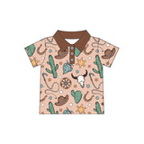 Short sleeves bull skull cactus boys western polo shirt