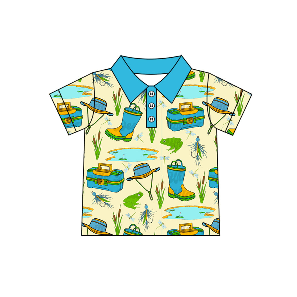 Blue short sleeves fishing kids boys polo shirt