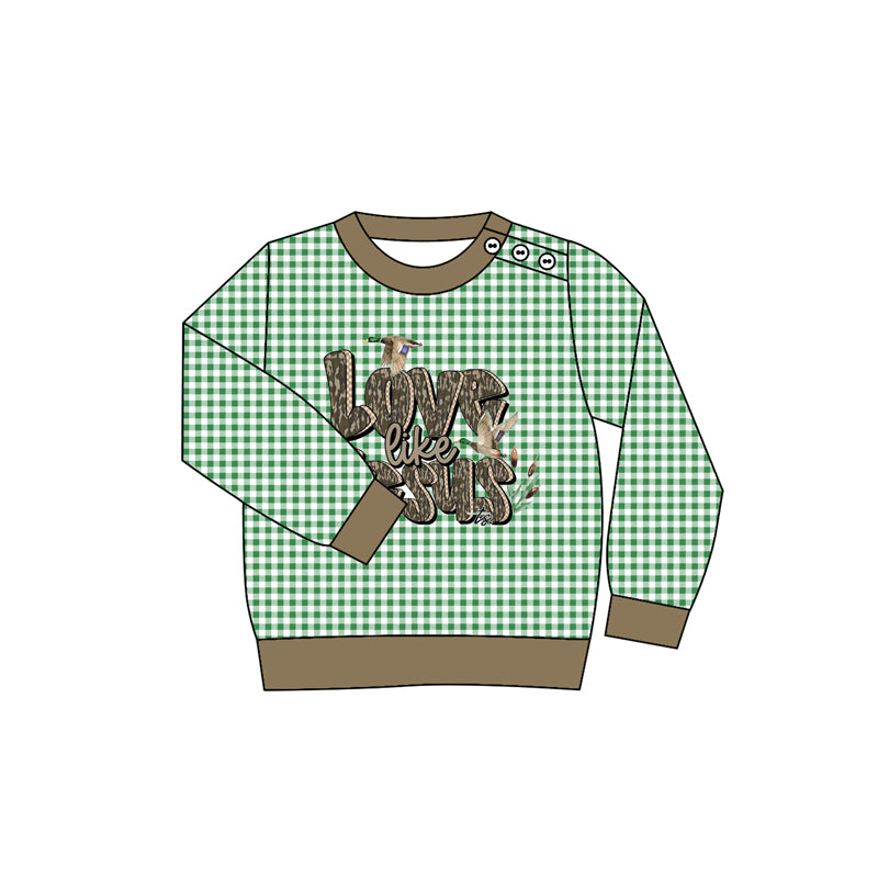 Green plaid long sleeves love like jesus duck boys shirt